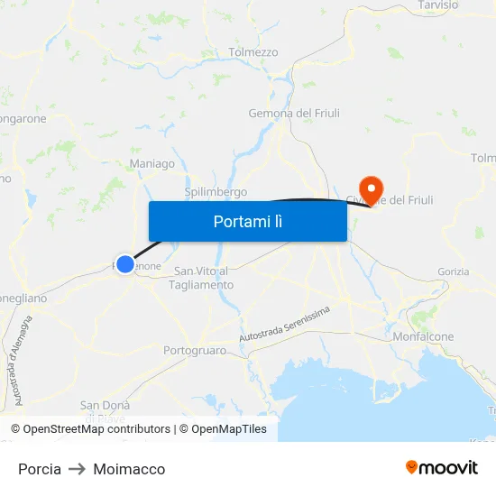 Porcia to Moimacco map