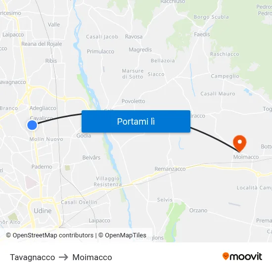 Tavagnacco to Moimacco map