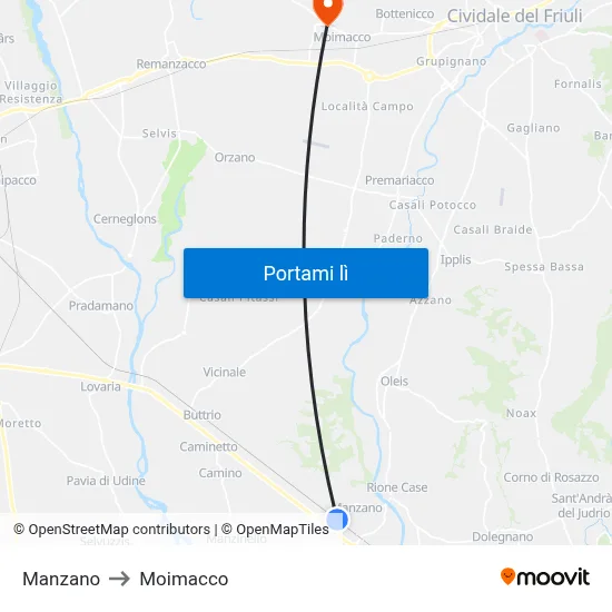 Manzano to Moimacco map