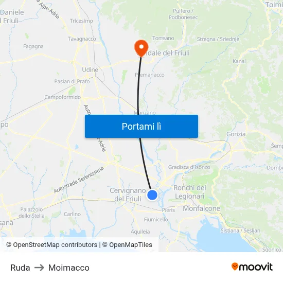 Ruda to Moimacco map
