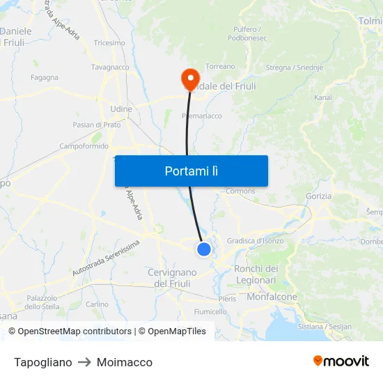 Tapogliano to Moimacco map