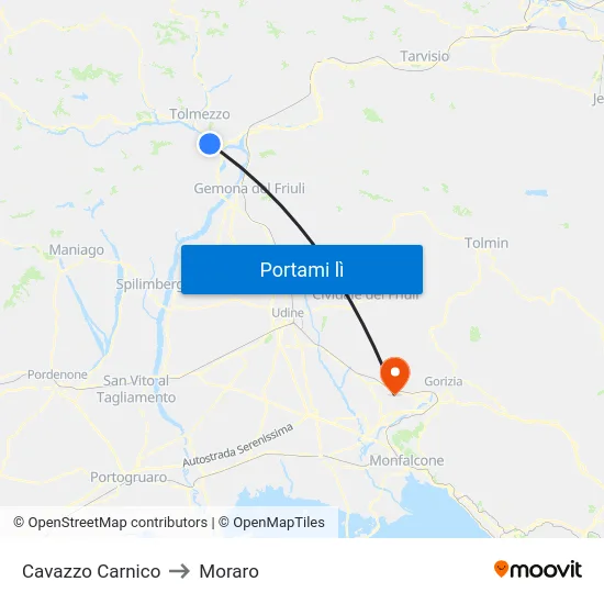 Cavazzo Carnico to Moraro map
