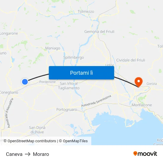 Caneva to Moraro map