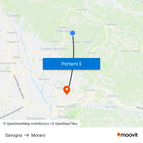 Savogna to Moraro map