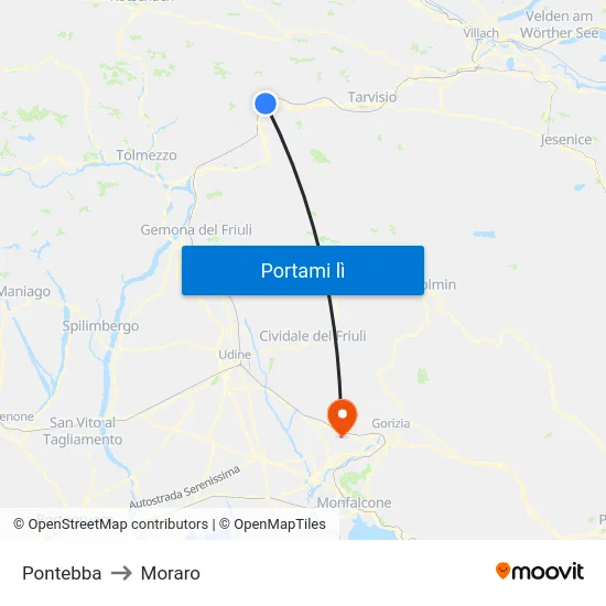 Pontebba to Moraro map