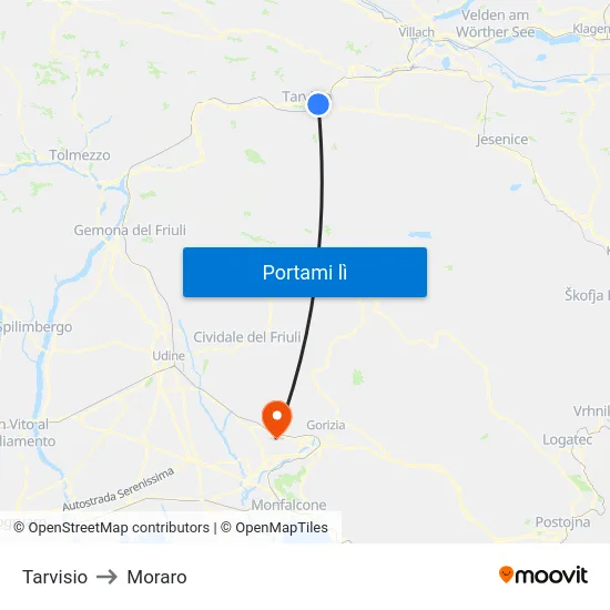 Tarvisio to Moraro map