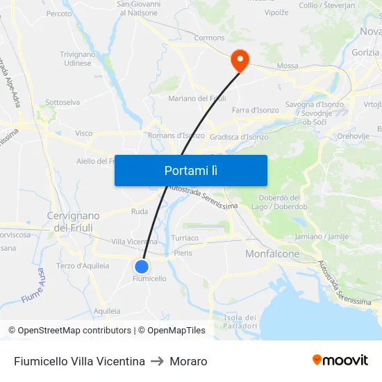 Fiumicello Villa Vicentina to Moraro map