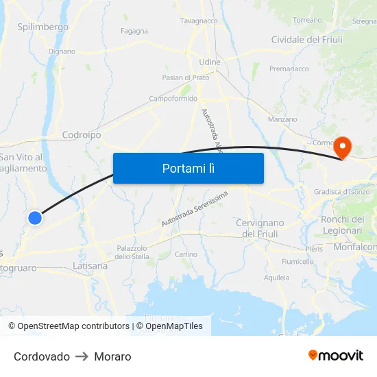 Cordovado to Moraro map