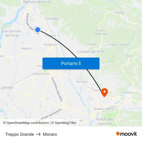 Treppo Grande to Moraro map