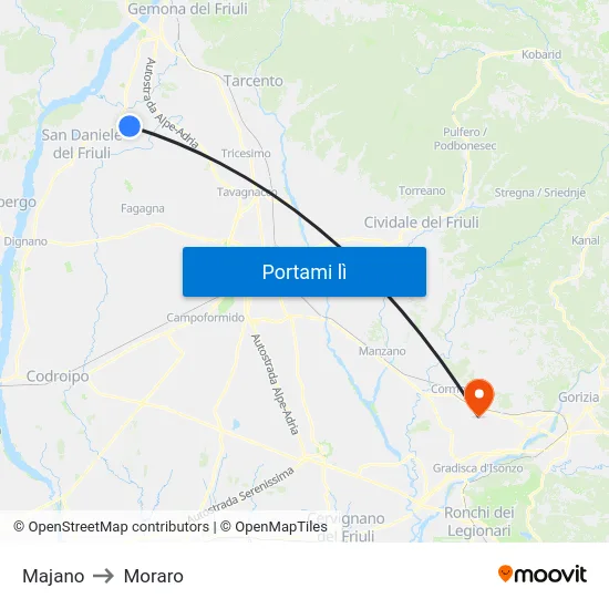 Majano to Moraro map