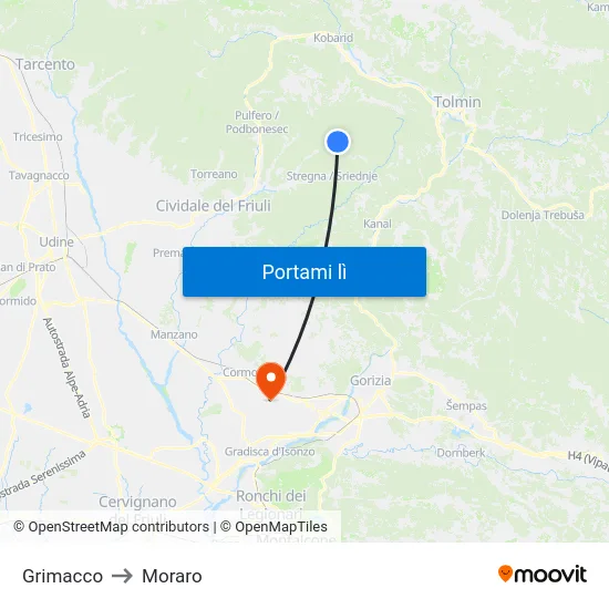 Grimacco to Moraro map
