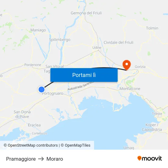 Pramaggiore to Moraro map