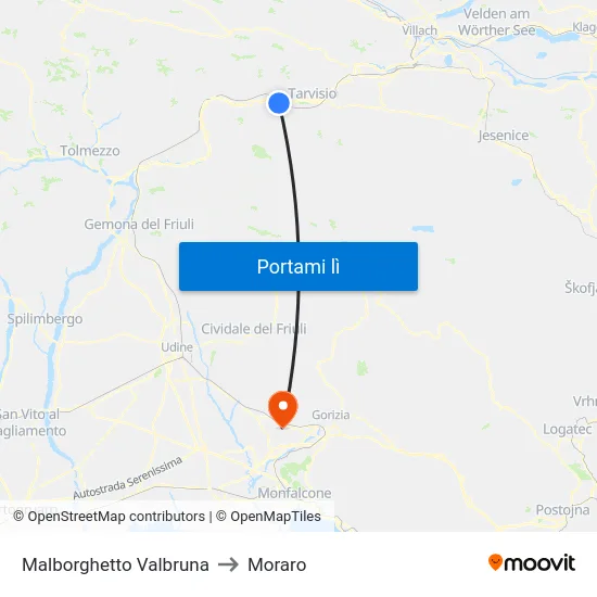 Malborghetto Valbruna to Moraro map