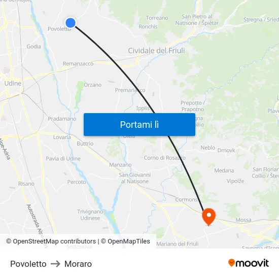 Povoletto to Moraro map