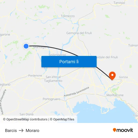 Barcis to Moraro map