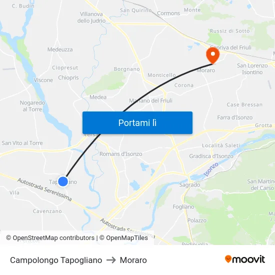 Campolongo Tapogliano to Moraro map