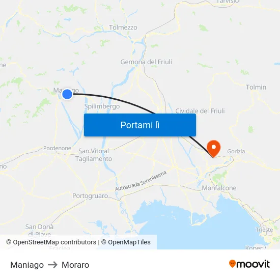 Maniago to Moraro map