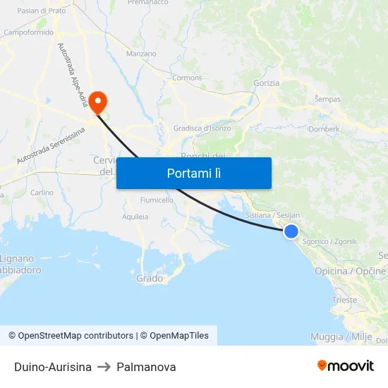 Duino-Aurisina to Palmanova map