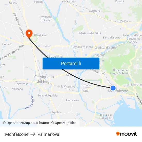 Monfalcone to Palmanova map