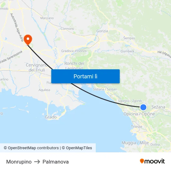 Monrupino to Palmanova map