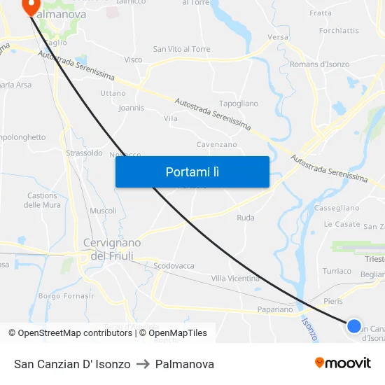 San Canzian D' Isonzo to Palmanova map