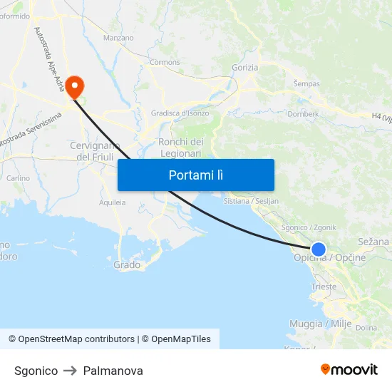 Sgonico to Palmanova map