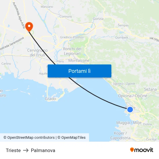 Trieste to Palmanova map