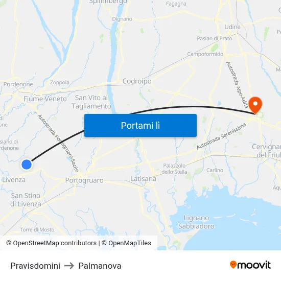 Pravisdomini to Palmanova map