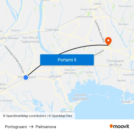 Portogruaro to Palmanova map