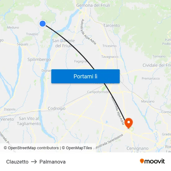 Clauzetto to Palmanova map