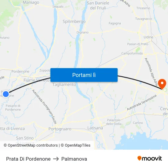 Prata Di Pordenone to Palmanova map