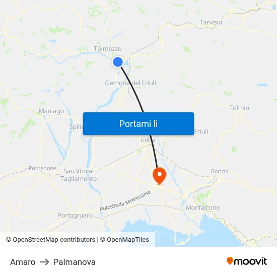 Amaro to Palmanova map
