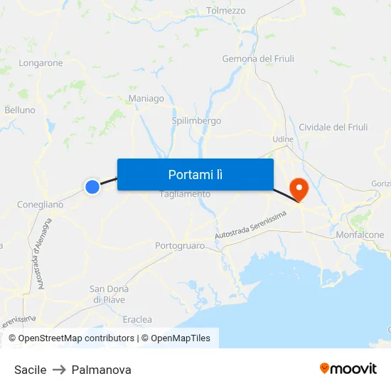 Sacile to Palmanova map
