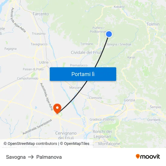 Savogna to Palmanova map