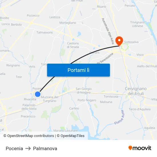 Pocenia to Palmanova map