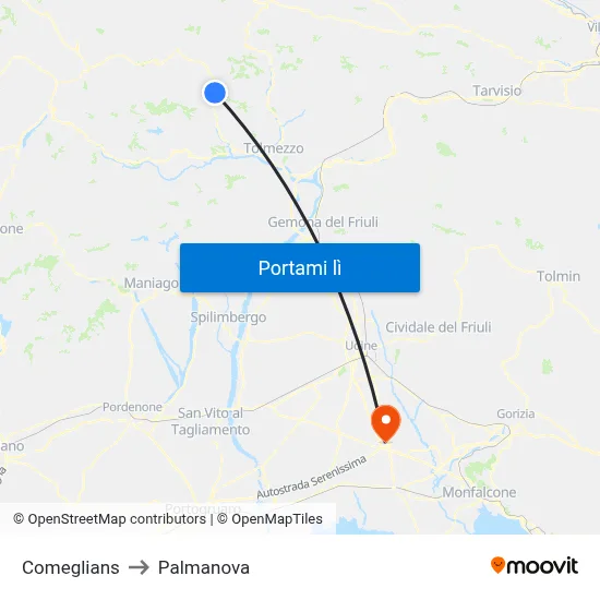 Comeglians to Palmanova map