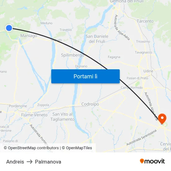 Andreis to Palmanova map