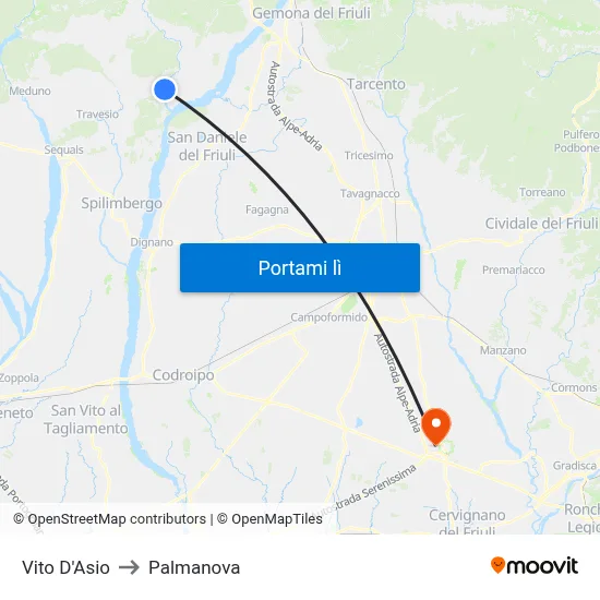 Vito D'Asio to Palmanova map