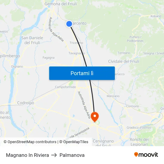 Magnano In Riviera to Palmanova map