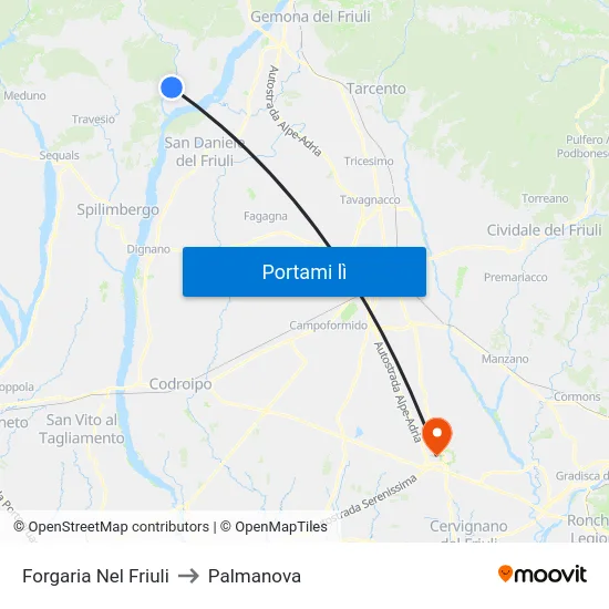 Forgaria Nel Friuli to Palmanova map
