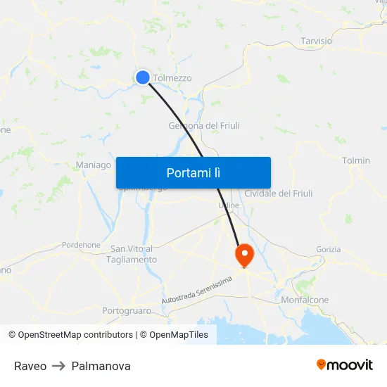 Raveo to Palmanova map