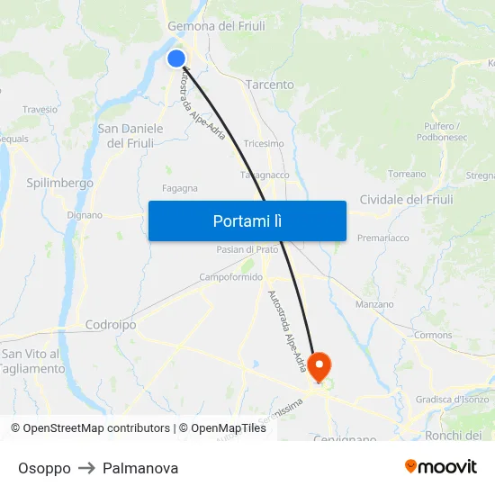 Osoppo to Palmanova map