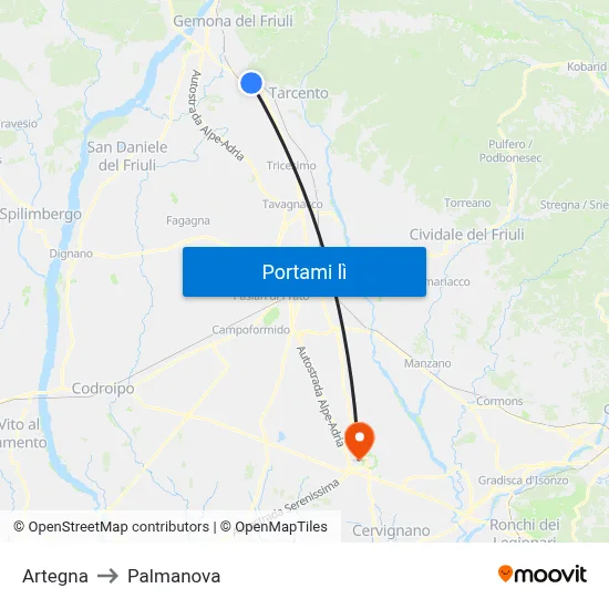 Artegna to Palmanova map