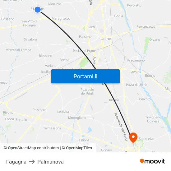 Fagagna to Palmanova map
