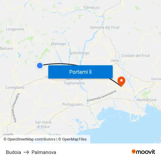 Budoia to Palmanova map