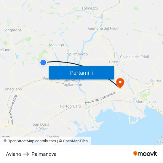 Aviano to Palmanova map