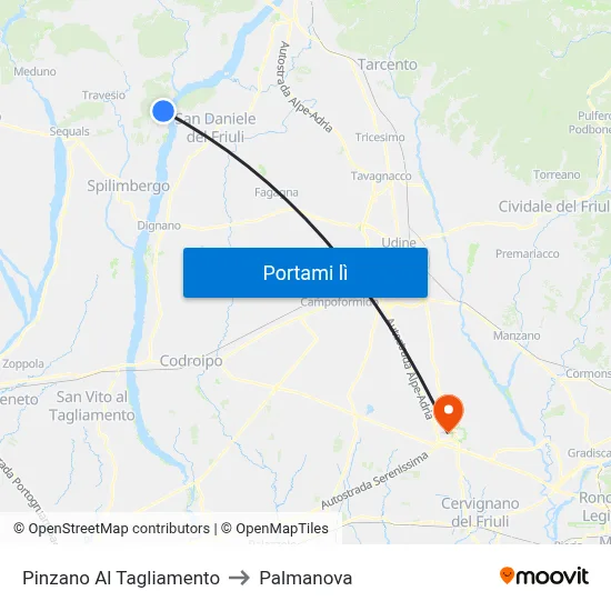 Pinzano Al Tagliamento to Palmanova map