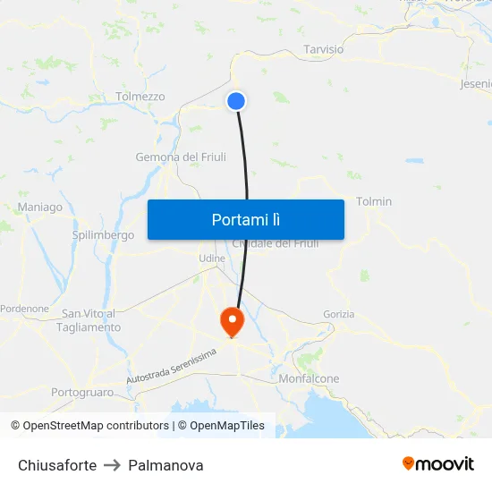 Chiusaforte to Palmanova map