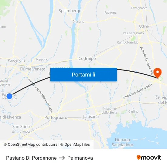 Pasiano Di Pordenone to Palmanova map