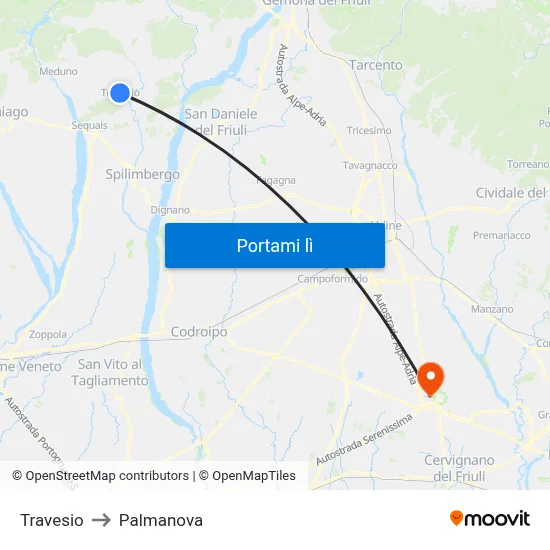 Travesio to Palmanova map